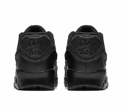 Black Air Max 90 sneakers, rear view with NIKE and AIR branding on heel