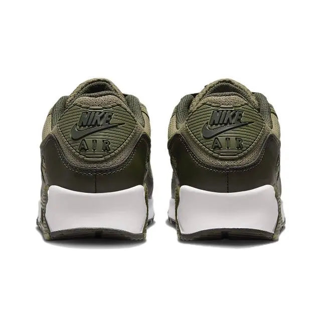 Nike Air Max 90 heel view in olive green with Nike Air branding and white panels
