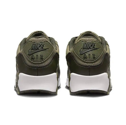 Nike Air Max 90 heel view in olive green with Nike Air branding and white panels