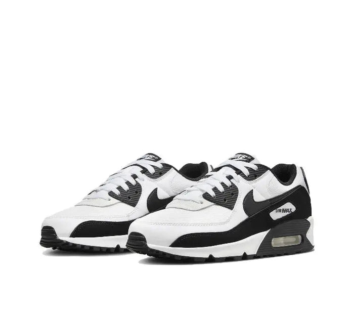 Air Max 90 sneaker pair, white uppers with black Swoosh and Air Max side badge