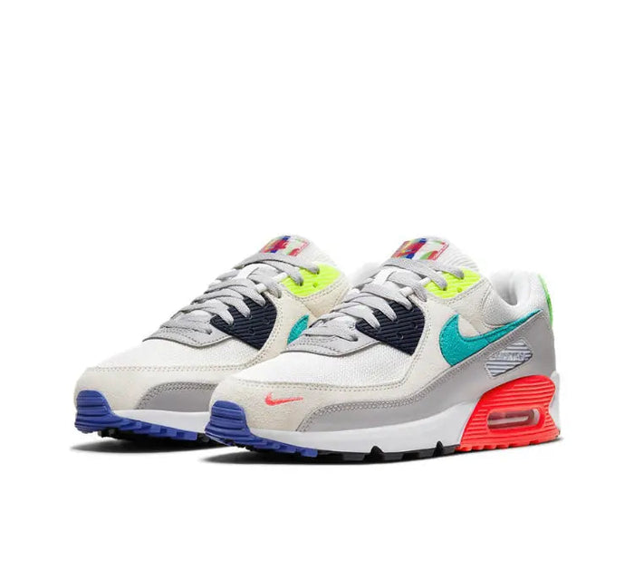 Air Max 90 sneakers, white/grey with teal swoosh, red heel Air, blue sole