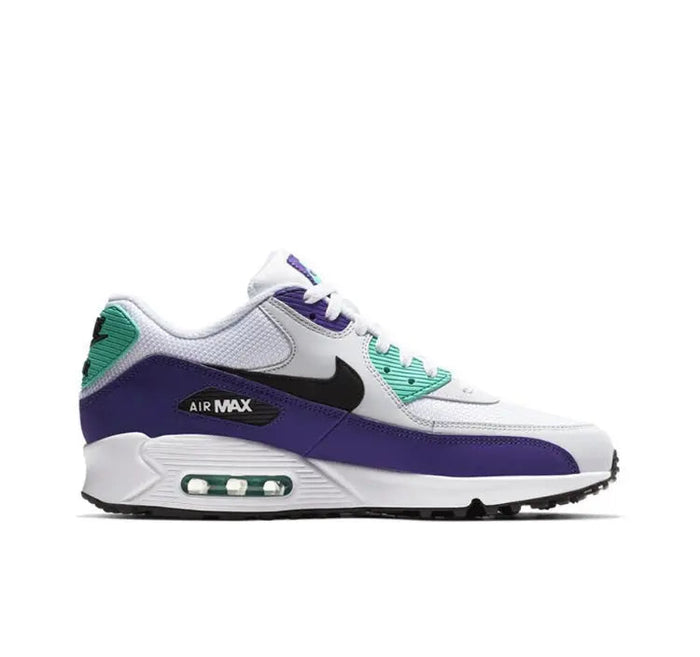 White and purple low-top sneaker with black swoosh, teal accents, and Air Max window