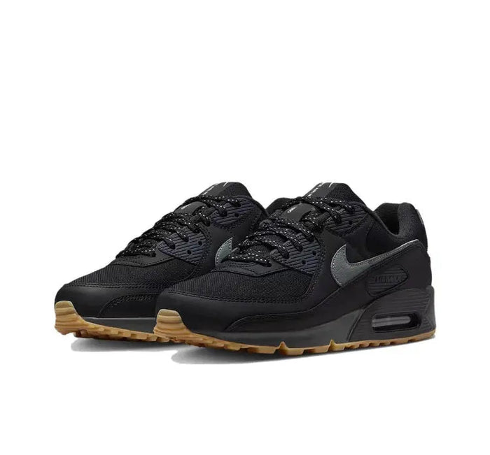 Nike Air Max 90 sneakers, black with gum outsole and side Swoosh