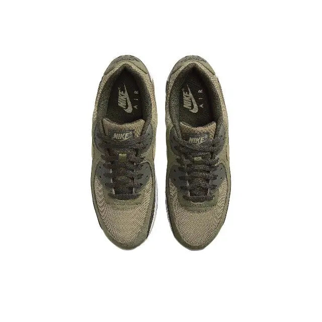 Nike Air Max 90 shoe pair in olive green with lace-up front and dark logos