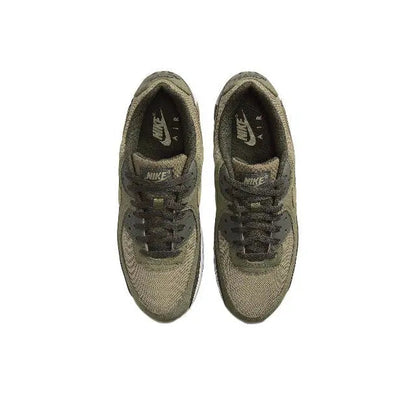 Nike Air Max 90 shoe pair in olive green with lace-up front and dark logos
