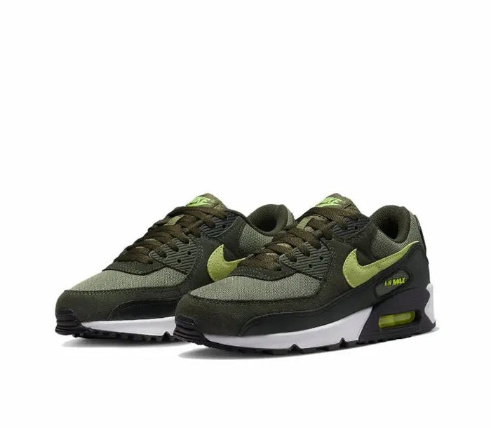 Nike Air Max 90 pair, olive and black with neon green swooshes and white midsole