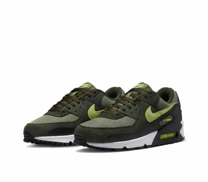 Nike Air Max 90 pair, olive and black with neon green swooshes and white midsole