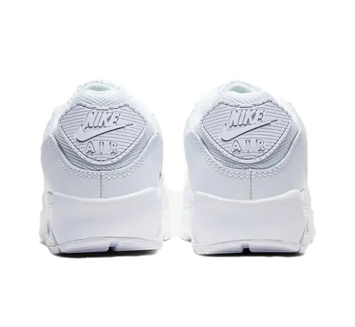 Air Max 90 sneakers, white heel with Nike Air logo and gray collar lining