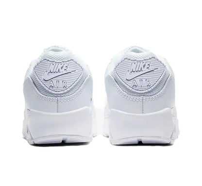 Air Max 90 sneakers, white heel with Nike Air logo and gray collar lining