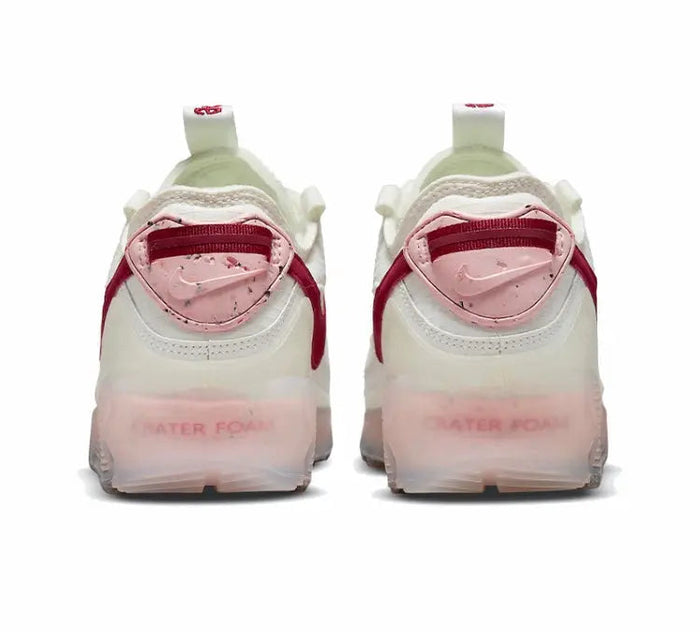 Nike Air Max 90 sneakers, heel view with burgundy trim and pink-tinted sole