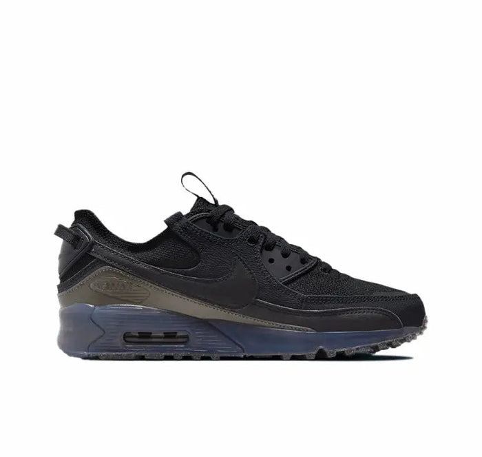 Nike Air Max 90 low-top sneakers in black with gray stripe and blue Air window