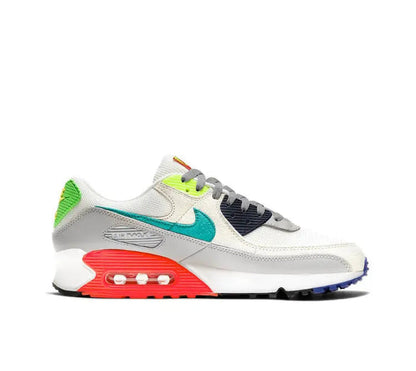 Air Max 90 sneakers, white upper with teal swoosh, neon green heel, orange-red Air sole