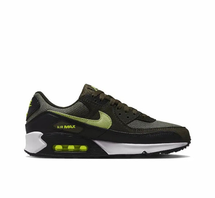 Nike Air Max 90 side view, black and olive with neon green Air Max sole unit