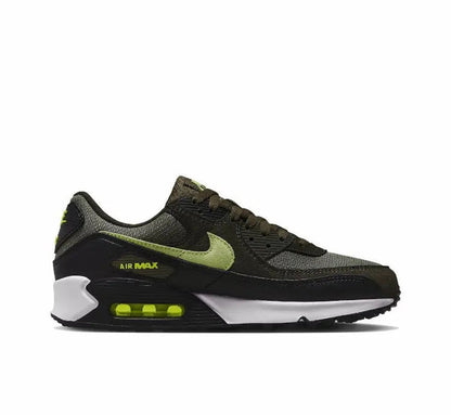 Nike Air Max 90 side view, black and olive with neon green Air Max sole unit