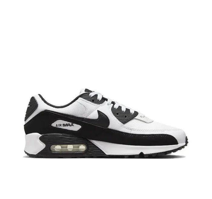 Air Max 90 sneaker side view, white leather with black Swoosh and Air window