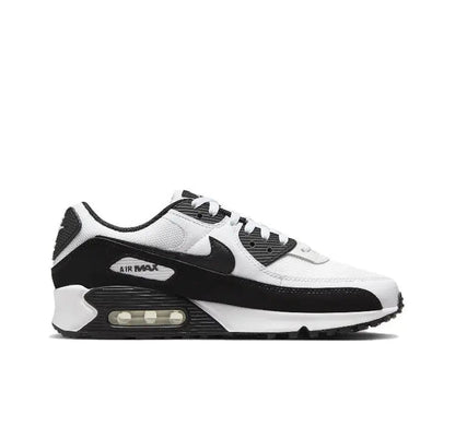 Air Max 90 sneaker side view, white leather with black Swoosh and Air window