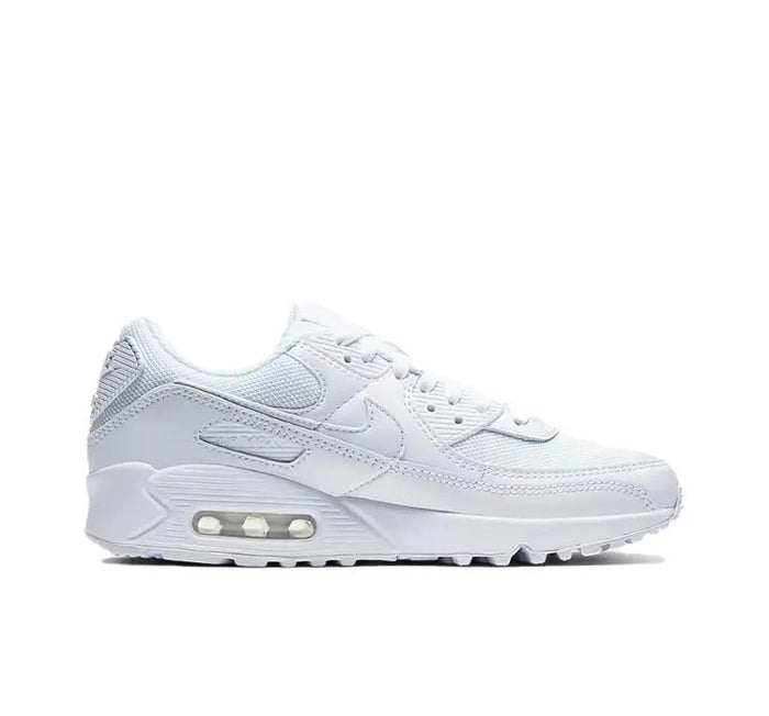 Air Max 90 sneakers, profile view in white with gray stripe and air unit sole