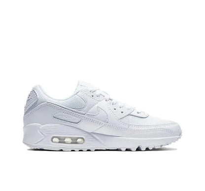 Air Max 90 sneakers, profile view in white with gray stripe and air unit sole