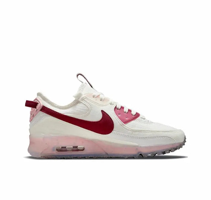 Nike Air Max 90 low-top sneakers, white with burgundy side swoosh and pink sole