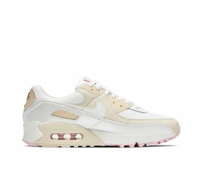 Nike Air Max 90 low-top sneakers, side view, white with beige panels and pink Air unit