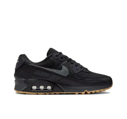 Nike Air Max 90 sneakers with gray side panel, black upper, and air window