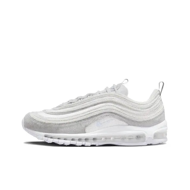 White mesh-lace running sneaker with wavy overlays and visible air unit sole