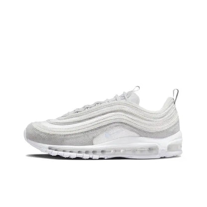 White mesh-lace running sneaker with wavy overlays and visible air unit sole