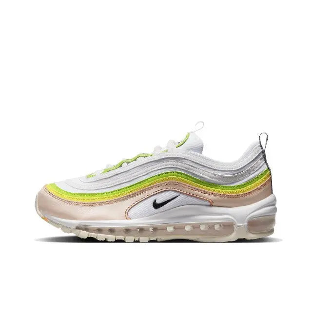 Nike Air Max 97 running sneaker in white with neon green and yellow accents, clear sole