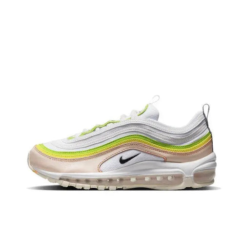 Nike Air Max 97 running sneaker in white with neon green and yellow accents, clear sole