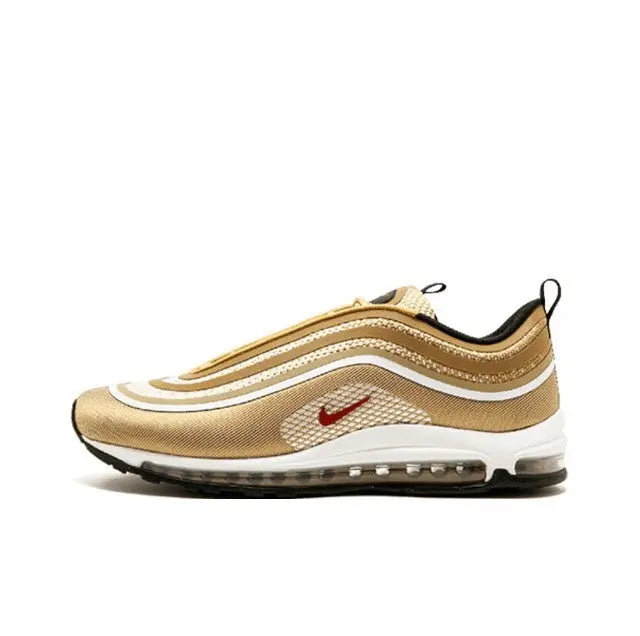 Nike Air Max 97 running shoe in tan with red swoosh, white sole, lace-up