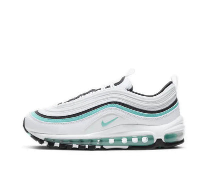 Nike Air Max 97 sneaker in white with teal and black accents, visible Air Max sole