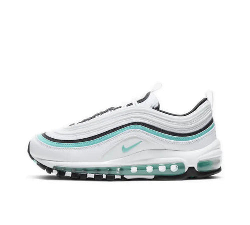 Nike Air Max 97 sneaker in white with teal and black accents, visible Air Max sole