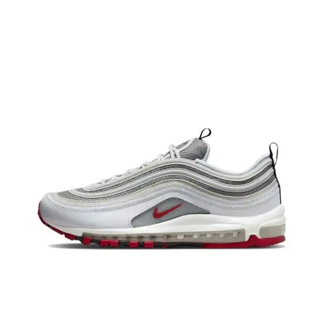 Air Max 97 sneakers, white/gray with red Swoosh and Air-cushioned sole