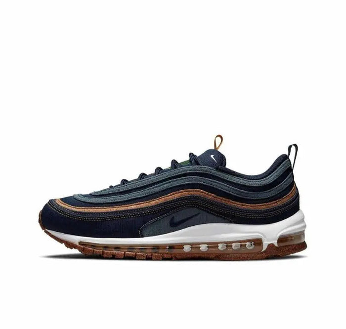 Nike Air Max 97 running shoe in dark navy with brown outsole and white midsole