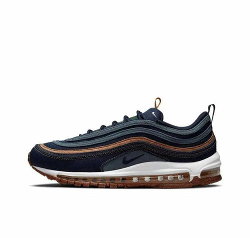 Nike Air Max 97 running shoe in dark navy with brown outsole and white midsole