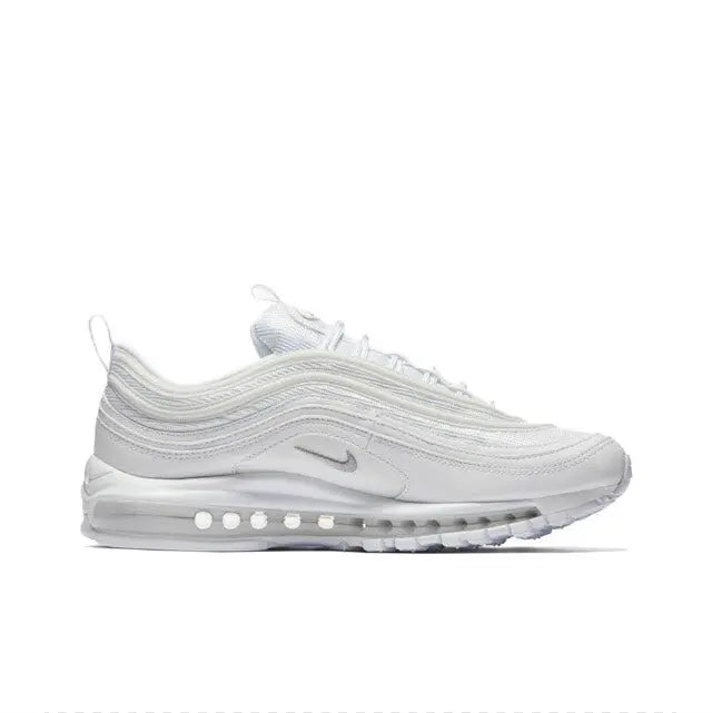 White Nike Air Max 97 sneaker with wavy overlays, lace-up, and Air sole.