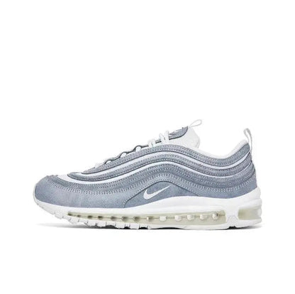 Nike Air Max 97 sneaker in light blue/gray with wavy overlays and white sole