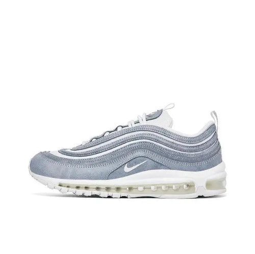 Nike Air Max 97 sneaker in light blue/gray with wavy overlays and white sole