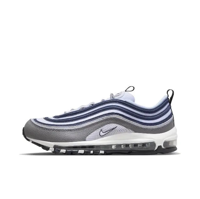 Nike Air Max 97 sneakers in gray, white, and navy with wavy upper and visible air unit