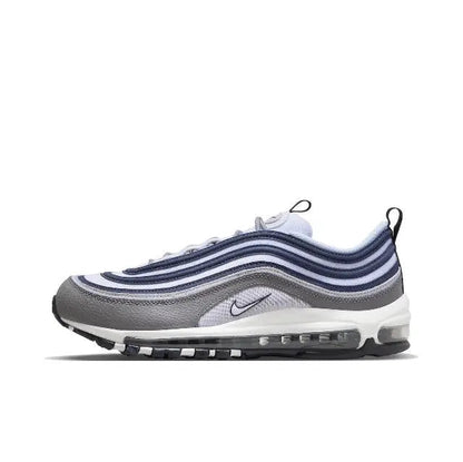 Nike Air Max 97 sneakers in gray, white, and navy with wavy upper and visible air unit