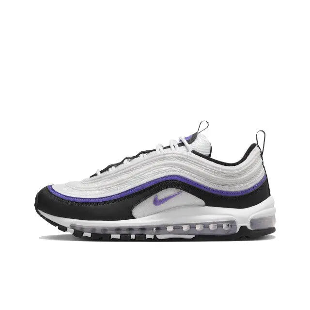 Running sneakers with white upper, purple stripe, black accents, Air Max-style sole