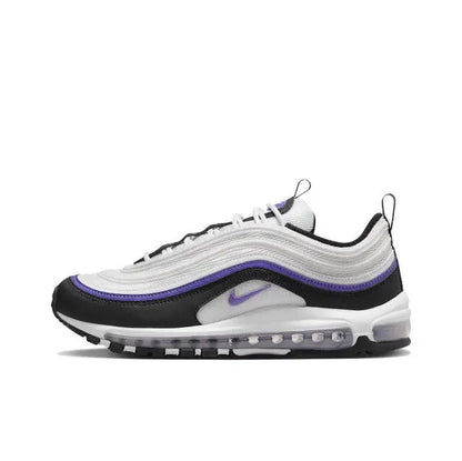 Running sneakers with white upper, purple stripe, black accents, Air Max-style sole