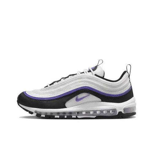Running sneakers with white upper, purple stripe, black accents, Air Max-style sole