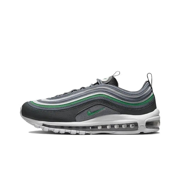 Air Max 97 sneaker in dark charcoal with cool grey and green stripes
