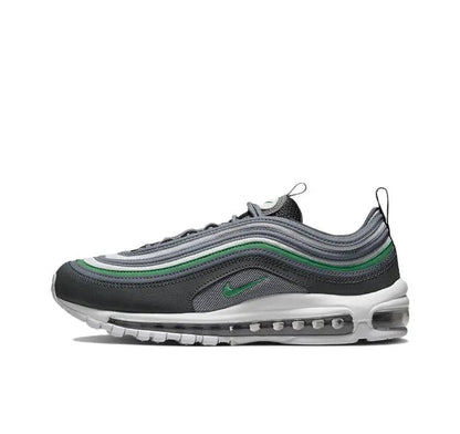 Air Max 97 sneaker in dark charcoal with cool grey and green stripes