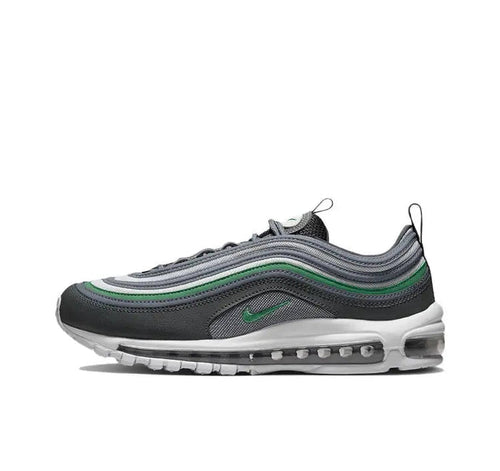 Air Max 97 sneaker in dark charcoal with cool grey and green stripes
