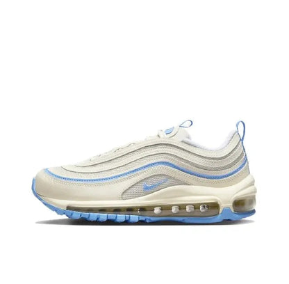 Nike Air Max 97 sneaker in sail with blue accents and visible air unit sole