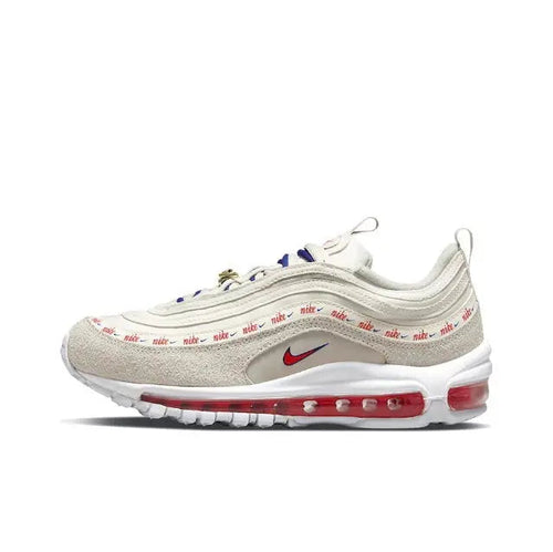 Cream sport running sneaker with red Air unit window and blue accent laces