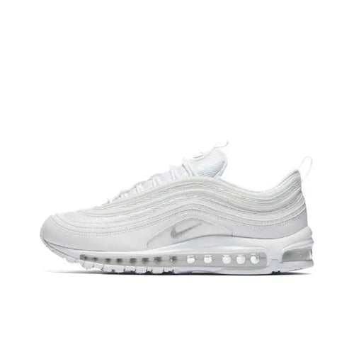 Nike Air Max 97 lace-up sneakers, light gray/white, Air Max sole, Swoosh.
