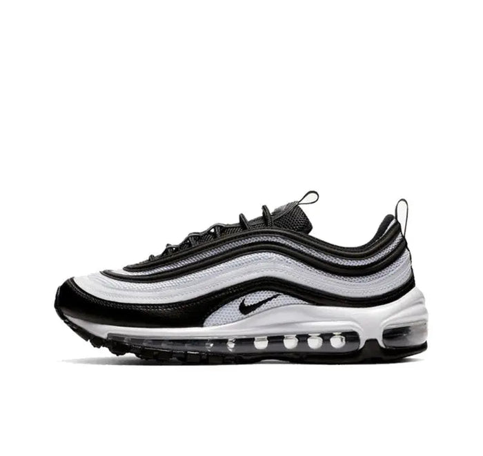 Nike Air Max 97 sneakers in black with white wavy overlays and visible Air unit